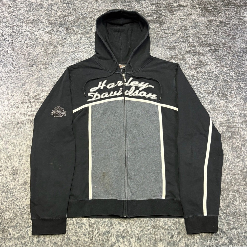 Harley Davidson Zip Up Hoodie Womens XL Black Gray Spell Out Biker Sweatshirt